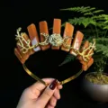 Crystal crown hair hoop with moon rose branches detail closeup view for women fashion - Red Aventurine + Gold Moon + Flower