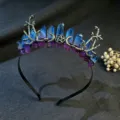 Gothic natural crystal crown headband with star moon and branch design for women parties. - Blue and Red (Triple Moon)