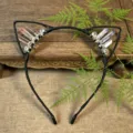 Handcrafted crystal cat ear headband detail, wire-wrapped aura quartz stones on black band. - Pink Green + Light Purple