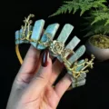 Detailed view of gold crystal crown headband with green pillars, rose and moon charms for women - Amazonite + Gold Moon + Flower