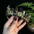 Crystal crown headband with gold crescent moon rose and dark quartz pillars for women hair. - Smoky Quartz + Gold Moon + Flower