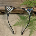Handmade crystal cat ear headband with wire wrapped quartz pillars for women daily wear details. - White + Dark Blue