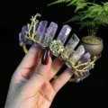 Crystal crown headband with natural amethyst stones, gold branch and moon design hair accessory. - Amethyst + Gold Moon + Flower