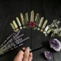 Exquisite crystal crown headband with yellow quartz, black lace moon and red rose for women. - Yellow