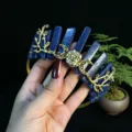 Crystal tiara detail showing blue stone pillars, gold roses, and moon branches for elegant hair. - Lapis Lazuli + Gold Moon + Flower