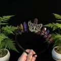Crystal butterfly headband detail, sparkling raw quartz crystal stones and wire wrapped. - Dark Purple and Antique Bronze Butterfly