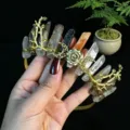 Handcrafted natural crystal crown headband with gold moon and flower branch design. - Red Flower Jasper + Gold Moon + Flower