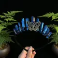 Blue crystal butterfly headband gothic crown hair accessory detail shot fashion headpiece - Dark Blue with Antique Bronze Butterfly