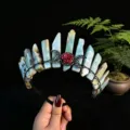 Crystal crown headband detail view, natural stone tiara with red rose and moon metal charms. - Amazonite + Black Moon + Flower