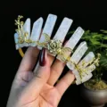 Elegant crystal tiara crown with gold metal moon rose and twig design for women party wear. - White Crystal + Gold Moon + Flower