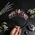 Detailed view of the natural pink crystal quartz crown headband with hollow moon and rose. - Pink & Green