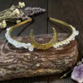 Handmade natural crystal moon quartz chip crown headband, exquisite bridal festival accessory. - Rose Quartz + Moon
