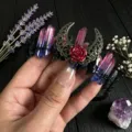 Gothic crystal headband detail, purple aura quartz and crescent moon crown with red rose. - Red Blue and Black and Black Wire and Antique Bronze Hollow Large Moon and Flower