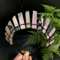 Handcrafted natural crystal crown headband with raw stone chunks and black wire for women. - Rhodochrosite Style / Pink
