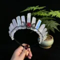 Gothic crystal crown headband with raw aura quartz pillars, red rose and crescent moon charms. - Plated Rose Quartz + Black Moon + Flower