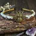 Handmade crystal chip metal headband with vintage bee detail, exquisite hair accessory for women. - Clear Quartz & Bee