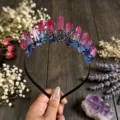 Diadema cristal natural corona cuarzo rosa azul luna triple accesorio para foto - Alambre Negro Triple Luna (Diadema Luna Negra) / Rojo y Azul