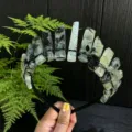 Detail view of a raw crystal crown headband, handmade wire wrapped tiara for festival. - Prehnite Style / Green