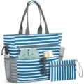 Blue and white striped beach tote bag with small pouch, large waterproof travel bag for women. - Blue Stripe