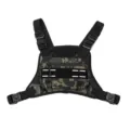 Tactical chest rig detail showing durable straps, buckles and multi-functional front pouch. - Camouflage