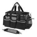Detail view of black utility caddy bag with multi pockets and shoulder strap for cleaning tools - Gray