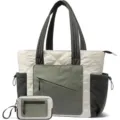 Puffer tote bag set detail showing quilted texture, dual straps, and matching pouch. - Green with Small Pouch
