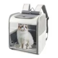 Close-up view of a white and grey pet backpack with transparent window and breathable mesh. - 13.8 x 11 x 15.8 Inch / Light Gray