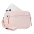 Pink nylon quilted mini wallet phone pouch, compact crossbody bag detail view for daily use. - Pink