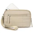 Quilted nylon mini wallet wristlet handbag detail showcasing phone compartment and zipper. - Khaki