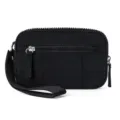Close-up detail of black quilted nylon mini wallet with wrist strap and zipper pocket. - Black