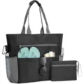 Grote waterdichte strandshopper tas met ritsvak, opvouwbare reisschoudertas voor vrouwen. - Zwart