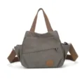 Borsa a tracolla in tela lavata vintage, borsa grigia con manici e cinghie marroni per donna. - Grigio