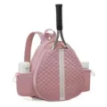 Pink quilted tennis backpack with racket holder and side water bottle pockets for sports. - Pink
