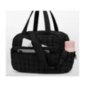 Black quilted travel duffle bag tote shoulder bag with top handles and adjustable strap. - Black