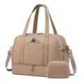 Beige travel duffel bag detail showcasing bottom shoe compartment, front pocket and pouch. - Khaki
