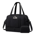 Detailed view of black travel gym duffel bag with bottom shoe compartment and pouch. - Black