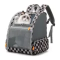 Grey checkerboard pet backpack detail showing breathable mesh window and front pocket storage. - Gray