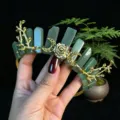 Detailed view of the green crystal goddess tiara crown featuring moon and branch. - Green Aventurine + Gold Moon + Flower