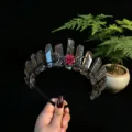 Natural smoky quartz crystal crown headband gothic black hair hoop with red rose moon charms. - Smoky Quartz + Black Moon + Flower