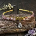 Detailed view of handmade crystal chip crown headband with pentacle charm and natural stone. - Strawberry Quartz With Star Moon And Water Drop