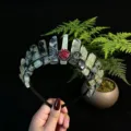 Gothic raw crystal crown headband with red rose and moon design for women hair accessory - Prehnite + Black Moon + Flower
