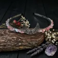 Handmade crystal moon tiara headband, delicate pink gemstone hair accessory for brides. - Watermelon Quartz With Moon
