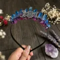 Crystal tiara headband with raw stones and triple moon design for women festival party. - Black Wire Triple Moon (Black Triple Moon Headband) / Blue Red