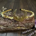 Handmade crystal crown headband with a golden filigree crescent moon and amber crystal chips. - Citrine + Moon