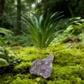 Vue de détail du support de plante aérienne en cristal, base d'améthyste naturelle. - Améthyste + Herbe Artificielle