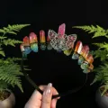 Detailed close-up shot of the handmade rainbow crystal quartz tiara and butterfly metal headband. - Pink Yellow Green and Antique Bronze Butterfly
