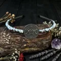 Detailed close-up showing the intricate metal triple moon pentagram pendant and white crystal chips. - White Turquoise With Tree Of Life