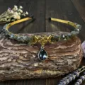 Detailed view of the handmade crystal chip crown headband featuring a golden pentagram and moon charm. - Labradorite With Star Moon And Water Drop