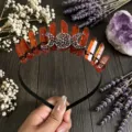 Crystal crown headband, healing quartz tiara with moon charm for women, fairy hair accessories. - Black Wire Triple Moon (Black Triple Moon Headband) / Orange Red