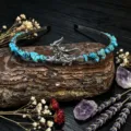 Exquisite handmade crystal turquoise stone witch broom headband, unique festival hair accessory. - Turquoise With Witch